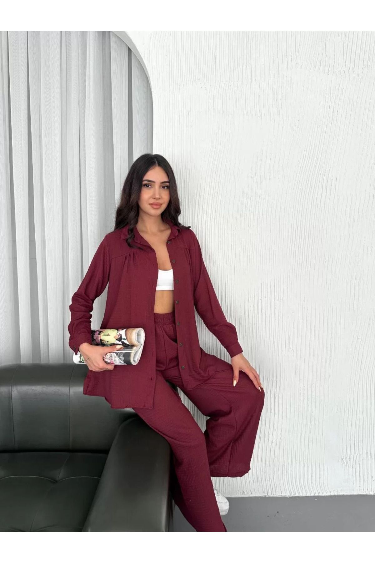 FantaziAtölyesi Yakalı Düğmeli Uzun Kollu Gömlek Pantolon ikili Takım - Bordo
