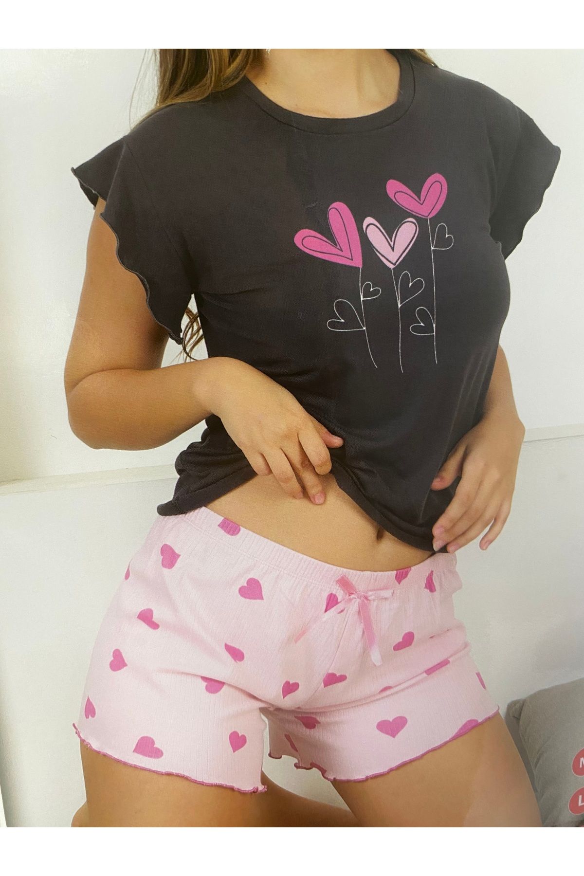 shiny date Kadın Pijama Kısa Kol Şort Pijama Takımı Kalpli
