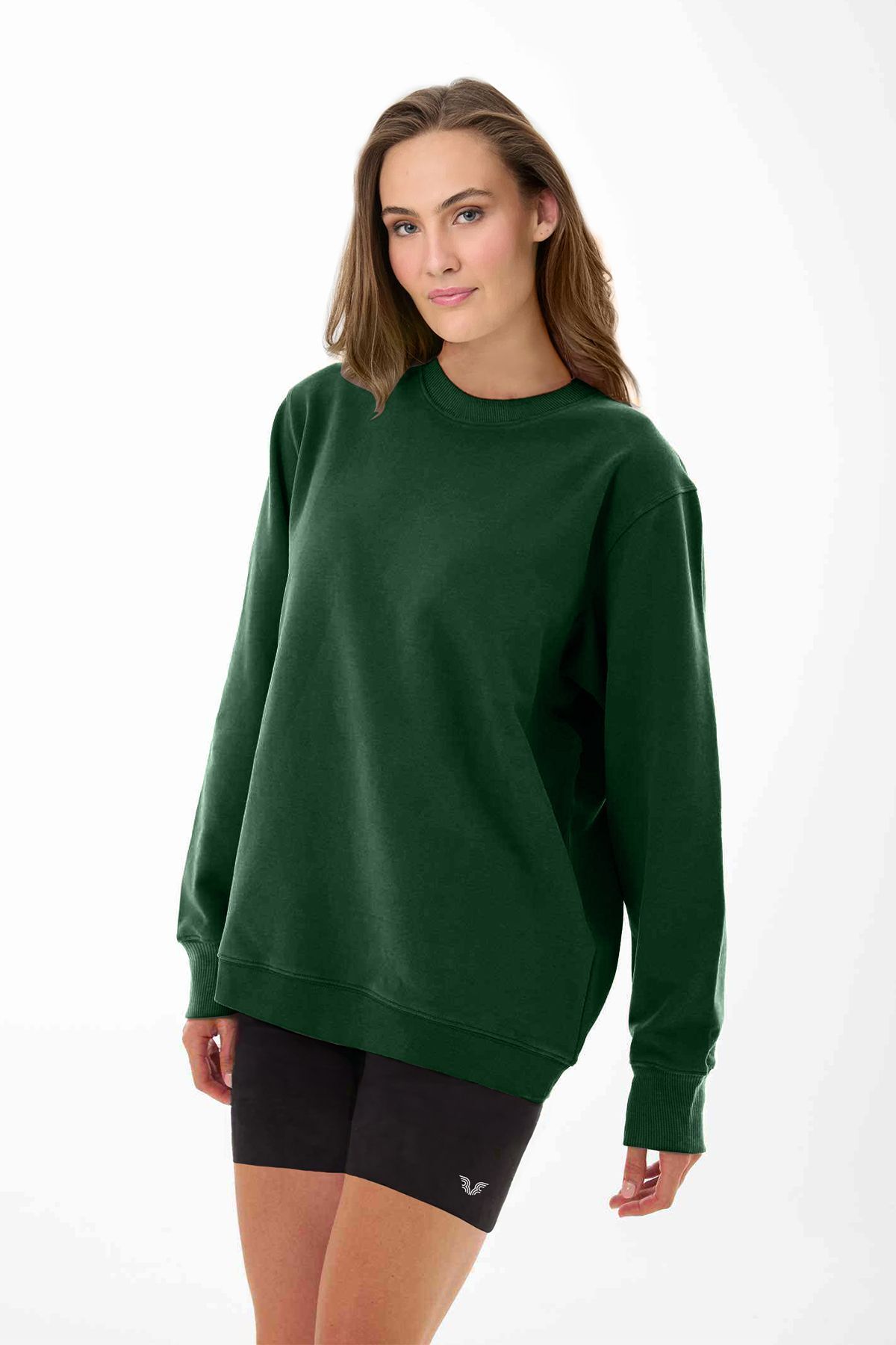 aradimtaradim Peak Kadın Koyu Yeşil Oversize Bisiklet Yaka Basic Sweatshirt 7015