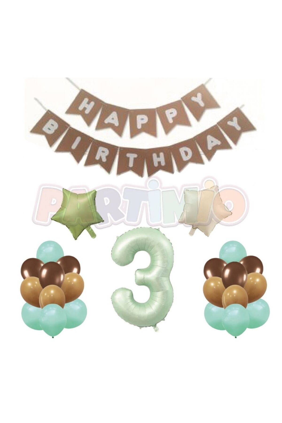 PARTİMİO PARTİ MALZEMELERİ Retro Doğum Günü Seti 3 Yaş; Retro Yeşil Rakam Folyo, Karaft Banner, Yıldız Folyo ve Lateks Balon