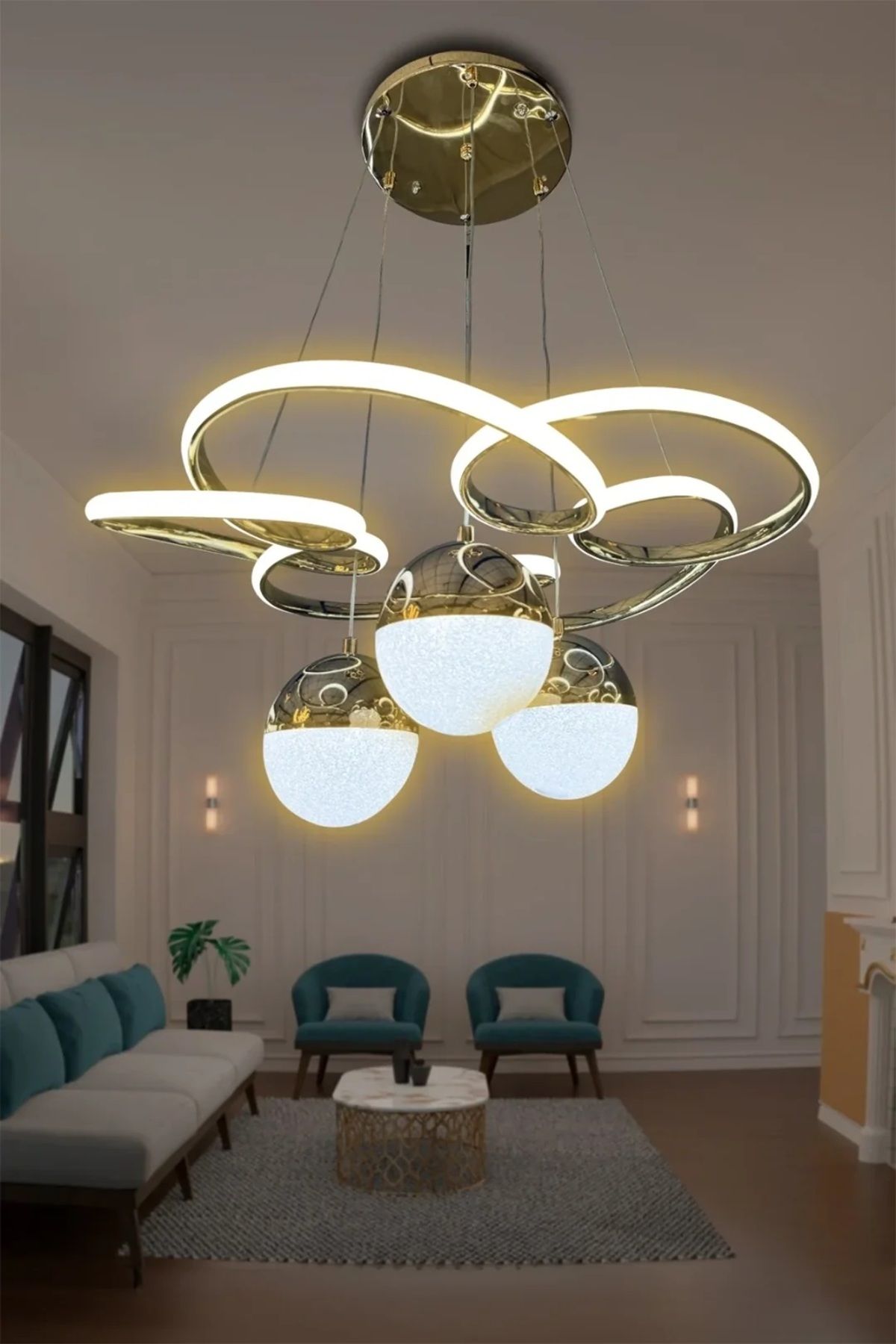 RSCOLLECTIONS Florya 3 Toplu Led Avize Kumandasız Gold