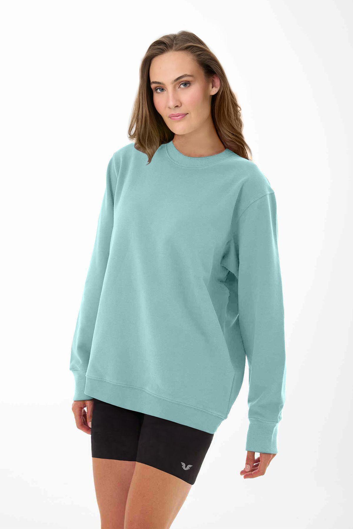 aradimtaradim Peak Kadın Mavi Oversize Bisiklet Yaka Basic Sweatshirt 7015
