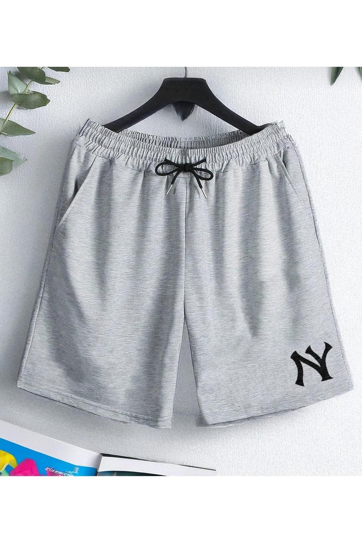 COTAS NY New York Logolu Gri Erkek Şort – Likralı Rahat Kalıp Yazlık Spor Şort