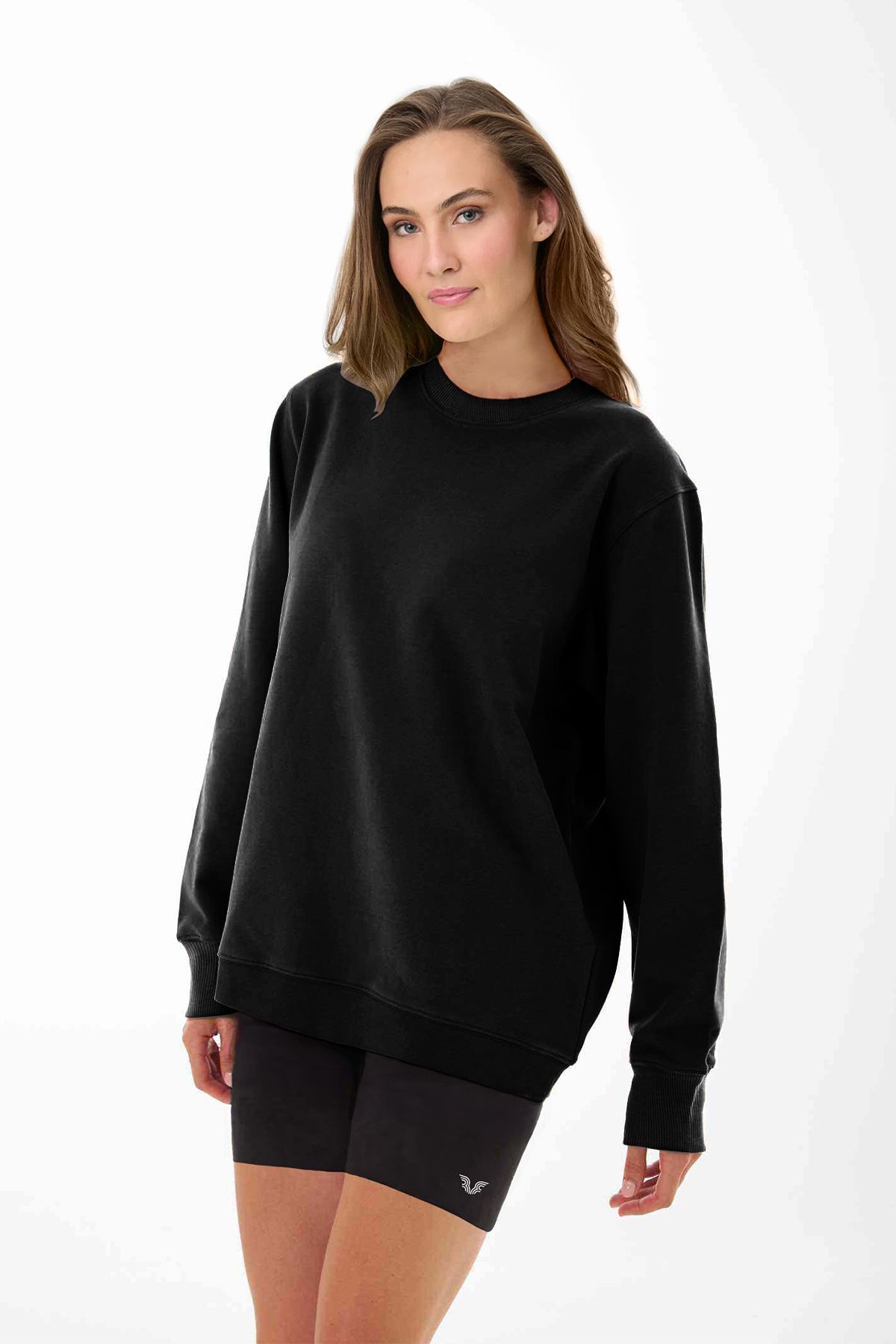aradimtaradim Peak Kadın Siyah Oversize Bisiklet Yaka Basic Sweatshirt 7015