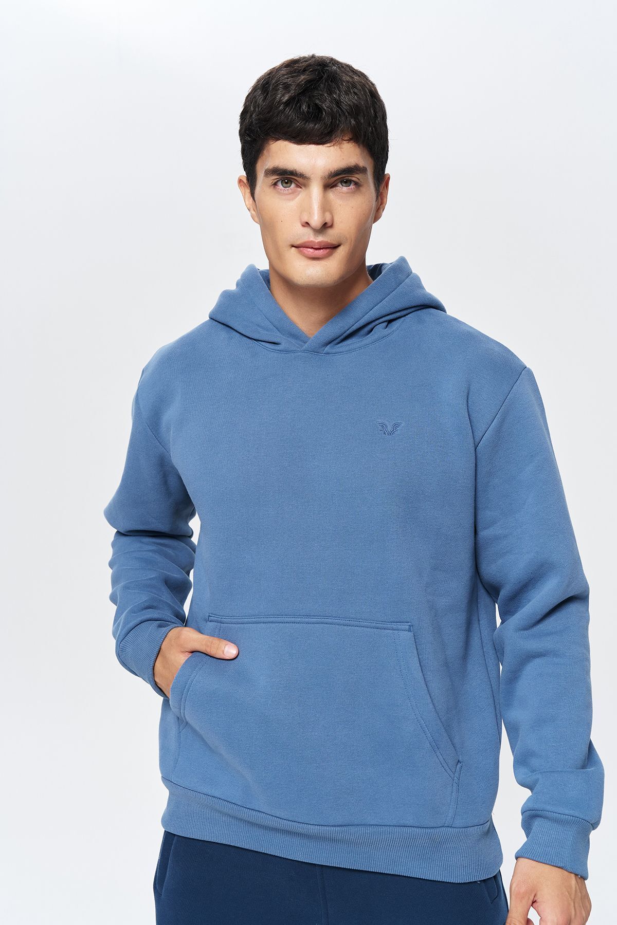 aradimtaradim Erkek Mavi 3 Iplik Şardonlu Fleece Yumuşak Fırçalı Kapişonlu Oversize Sweatshirt 9799