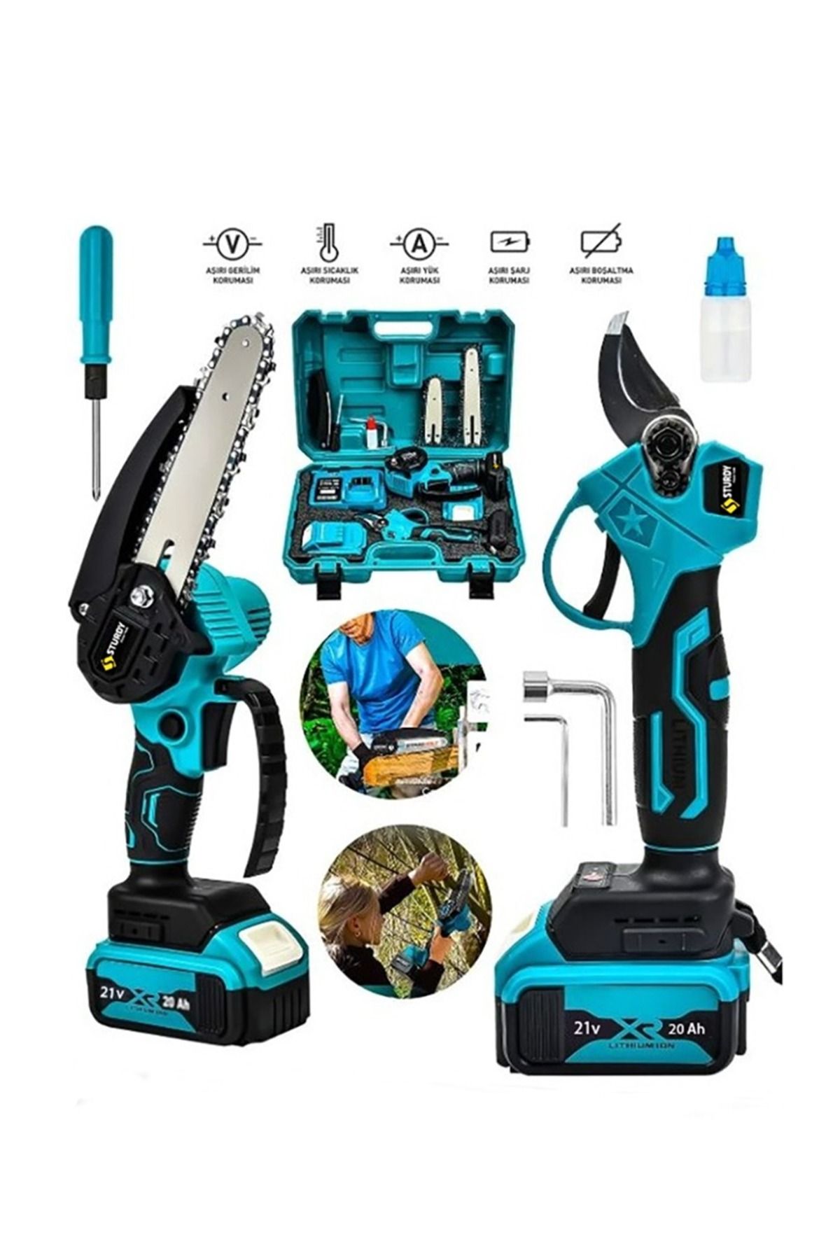 Sturdy Pro 2'li Set 21 Volt 2 Akülü Çelik Şanzuman 2 Pala Zincirli Şarjlı Dal Ağaç Kesme Bağ Budama Makas