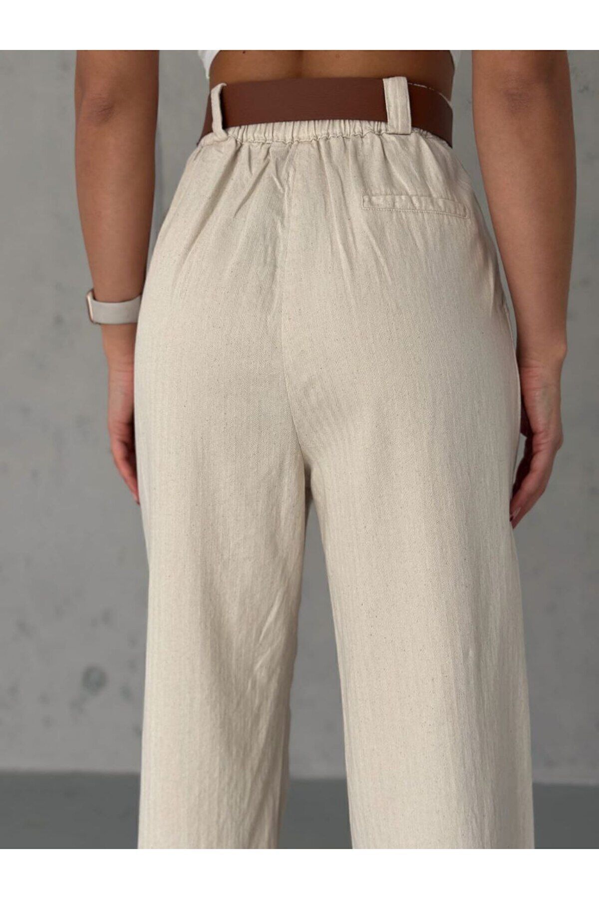 BoomBester  Ham Keten Kemerli Beli Lastikli Gabardin Palazzo Kadın Pantolon-Yeni Sezon - Görsel 5