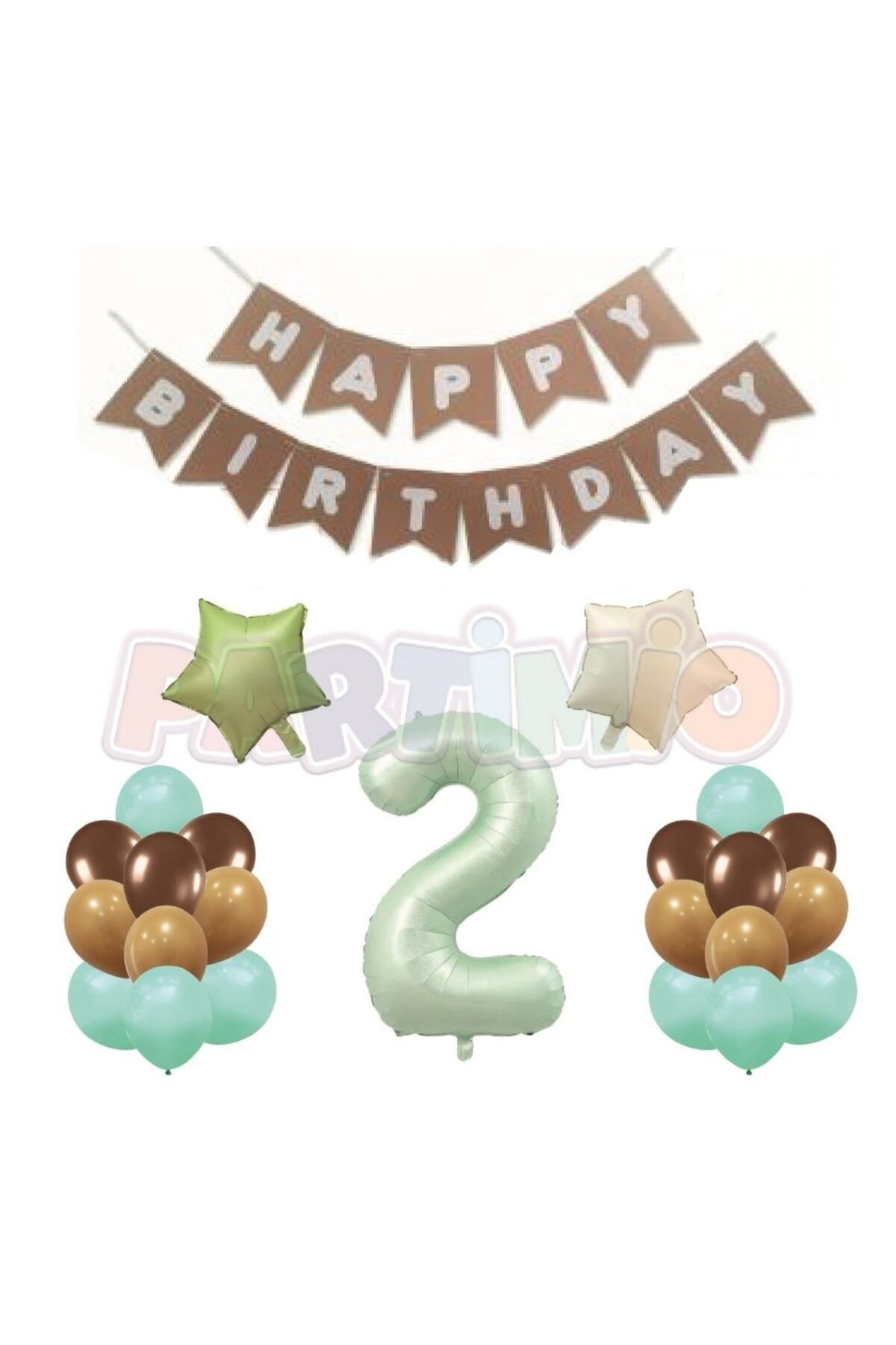 PARTİMİO PARTİ MALZEMELERİ Retro Doğum Günü Seti 2 Yaş ; Retro Yeşil Rakam Folyo, Karaft Banner, Yıldız Folyo ve Lateks Balon
