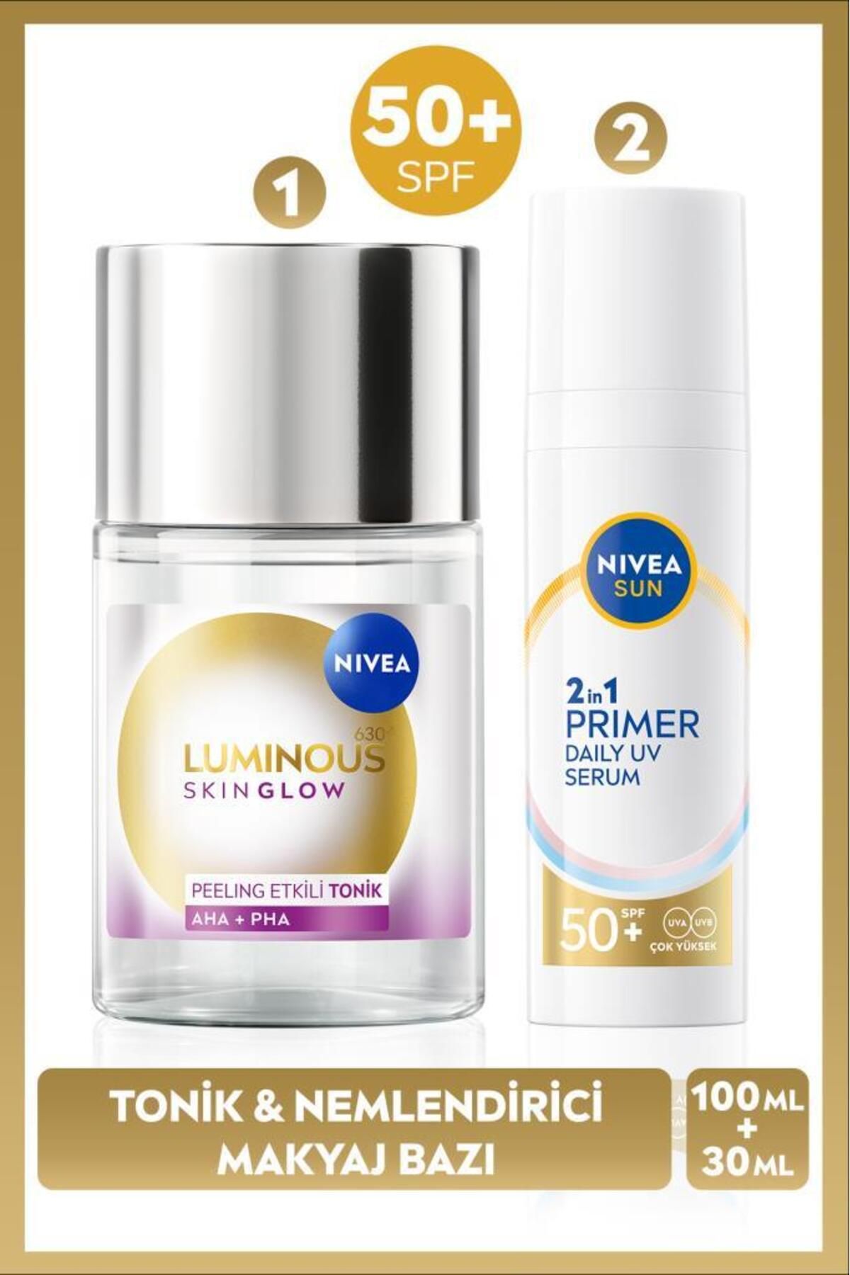 NIVEA SUN SPF50 Primer Nemlendirici Makyaj Bazı 30ml ve Luminous630 Skin Glow Peeling Etkili Tonik 100ml