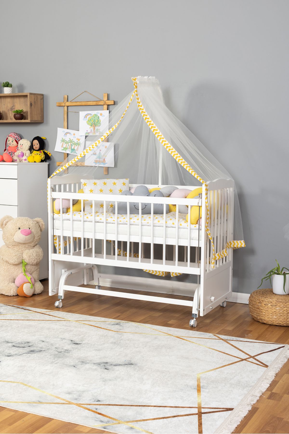 Bamgidoo Ahşap Anne Yanı Bebek Beşiği Yeni Doğan Portatif Beşik 60x120 Örgü uyku setli-Tekerlekli