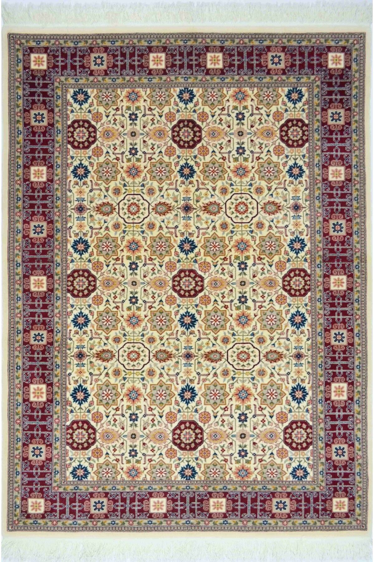 Handmade Kafkas Model Bordo ve Bej Renk Yünden El Dokuma Hereke Halısı 124x185 cm (2.29 m²)