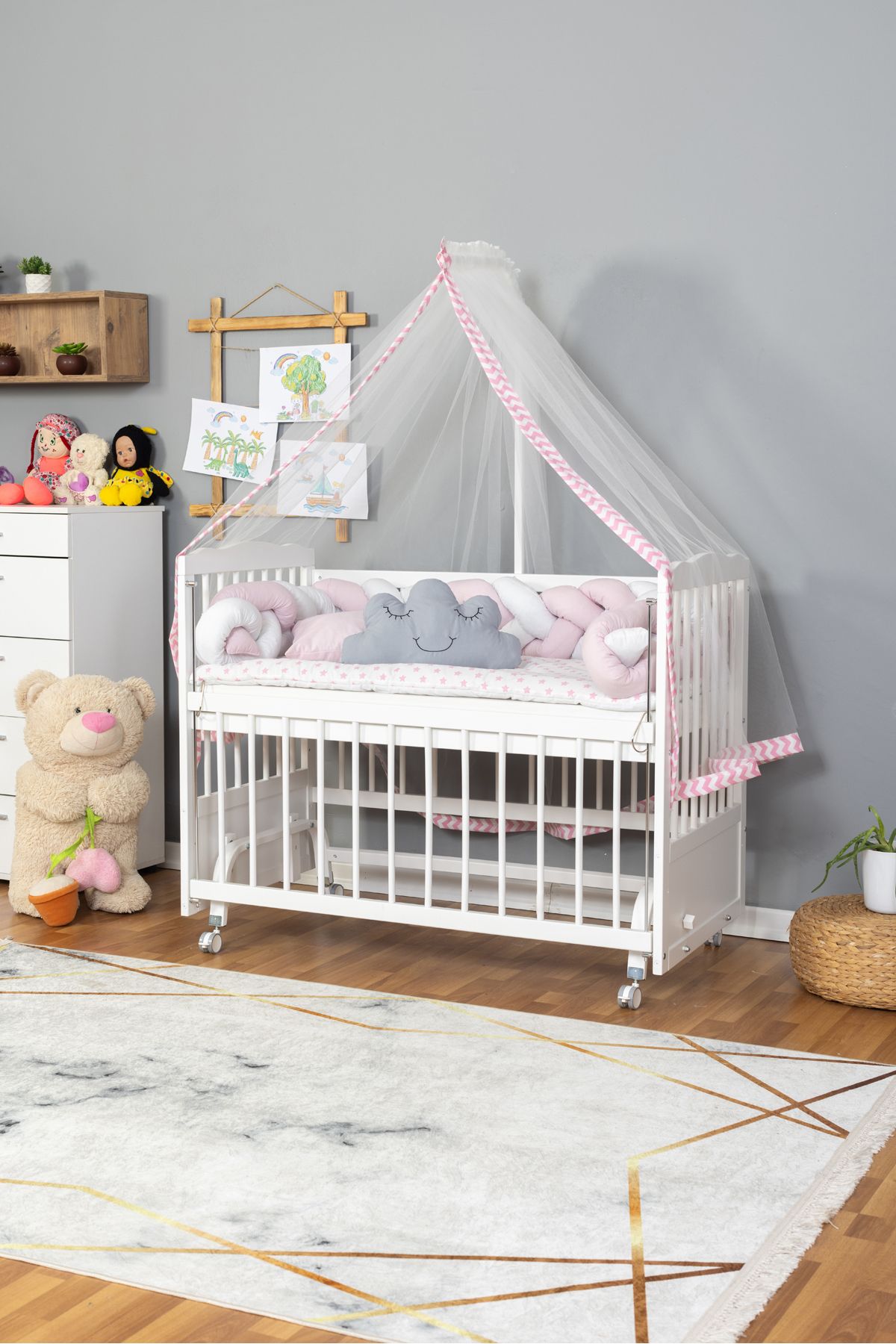 Bamgidoo Ahşap Anne Yanı Bebek Beşiği Yeni Doğan Portatif Beşik 60x120 Örgü uyku setli-Tekerlekli