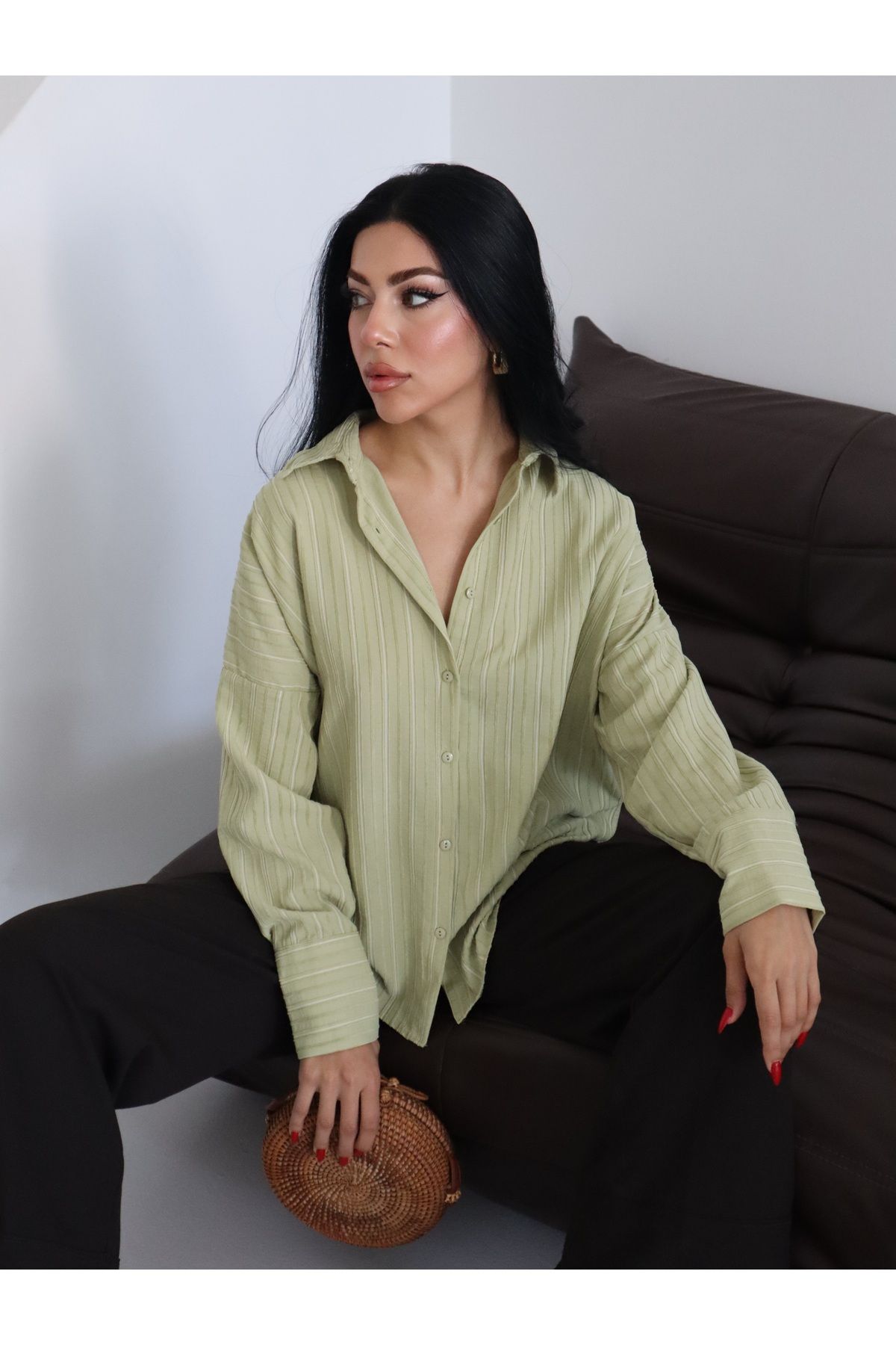 Fashionbox çizgili dokulu rahat kesim gömlek