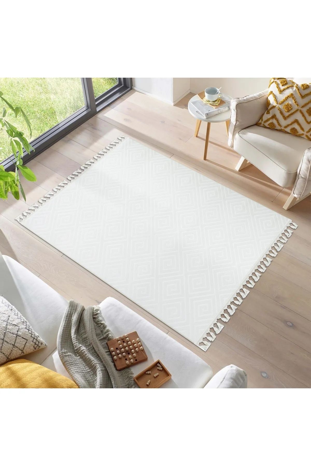 SerenitaHome Yıkanabilir Kaymaz Taban Modern Ve Şık Beyaz Salon Oturma Odası Mutfak Koridor Halısı