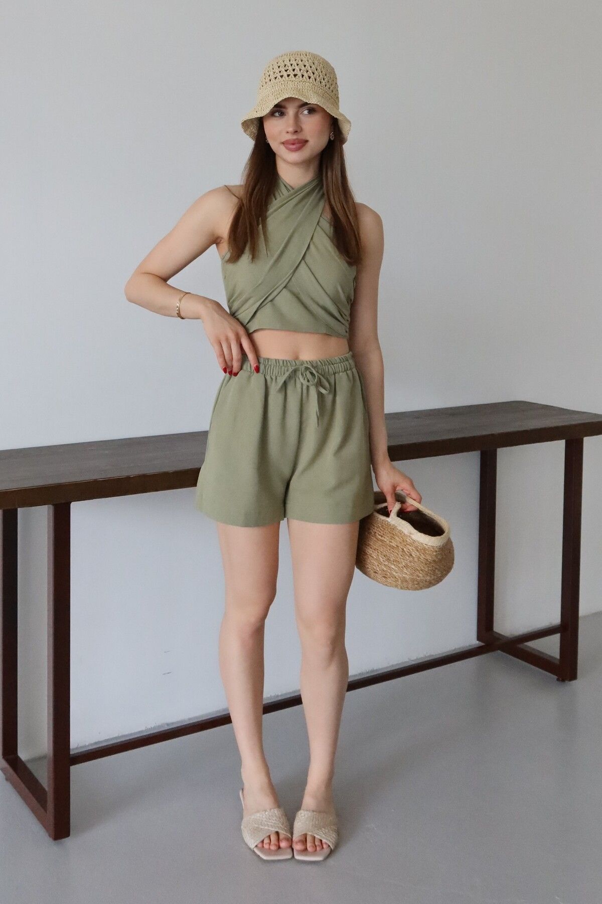 Laluvia Haki Martina Boyundan Bağlı Büstiyer Şortlu Takım - 30361