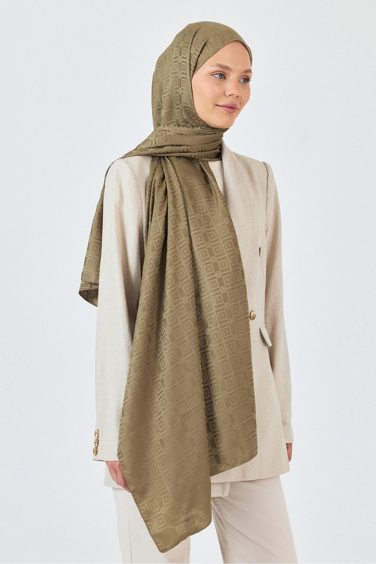 Rays Haki Kare Desen Jakar Şal 5692