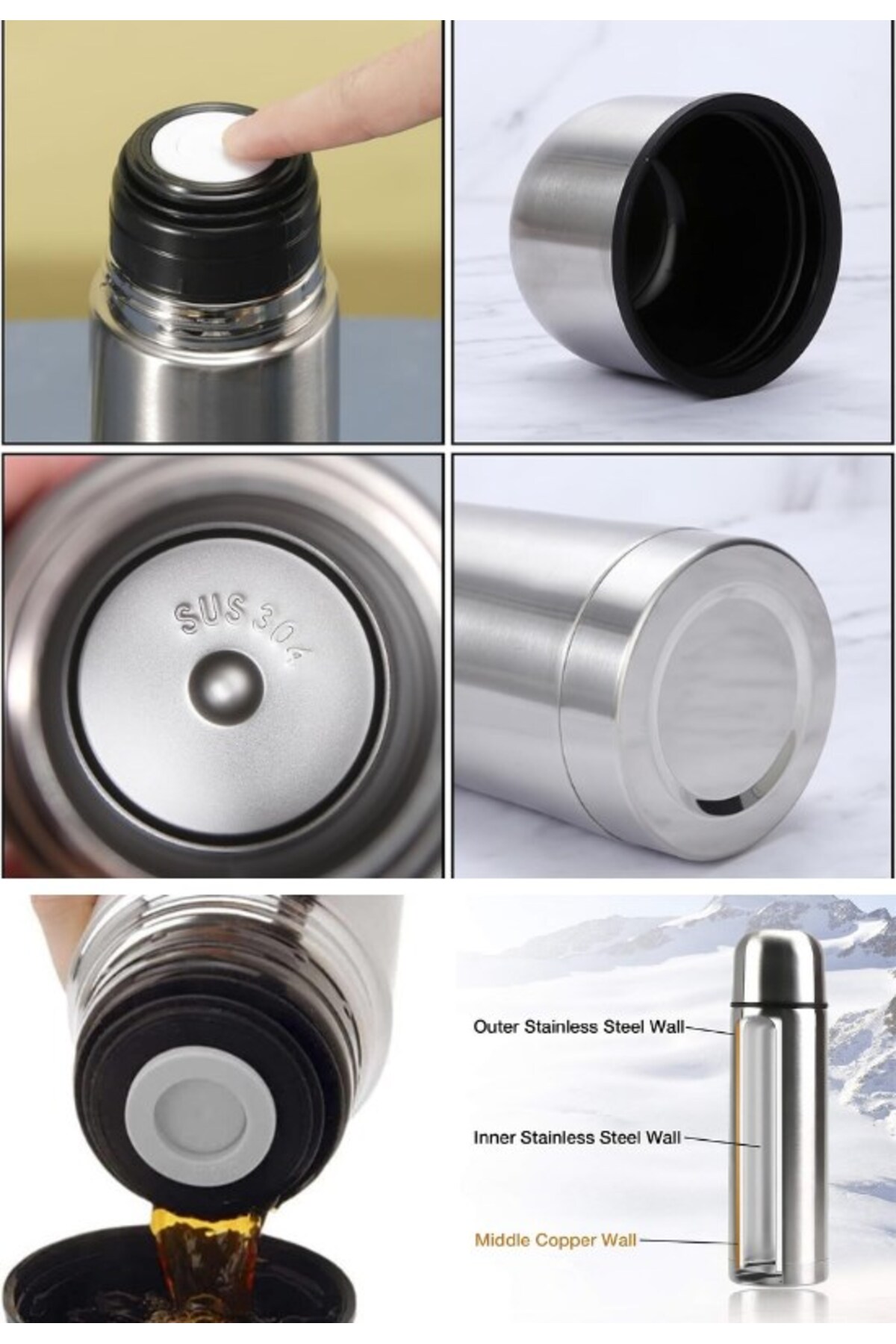 BiTon Toptan 750 ml Çift Katmanlı SUS 304 Çelik İnox Termos Süt-Mama-Kamp-Piknik Termosu 12 Saate Kadar Sıcak Soğ fotoğrafı 4 (önizleme)