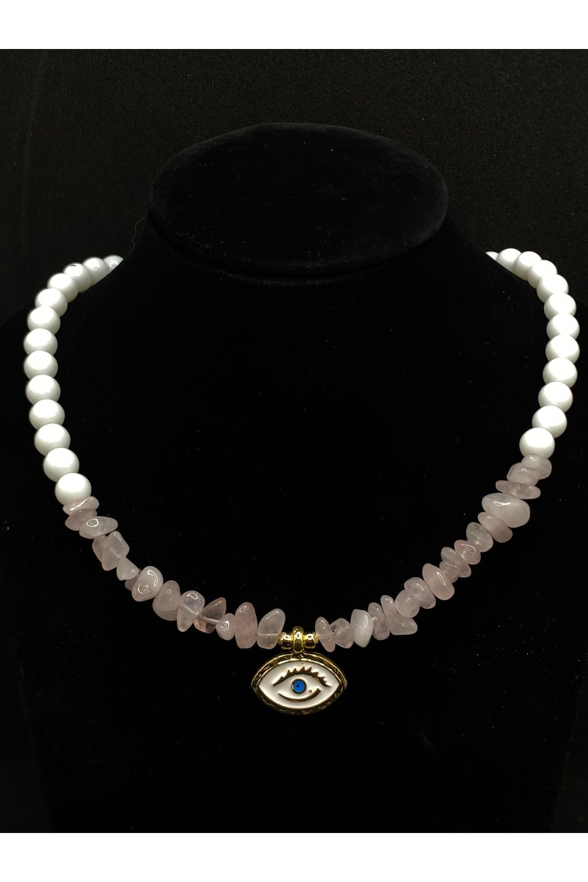 Jiji Jewelery İnci Sıra Şık Modern Yazlık Pembe Kuvars Doğal Taş Tasarım Paslanmaz Çelik Kolye