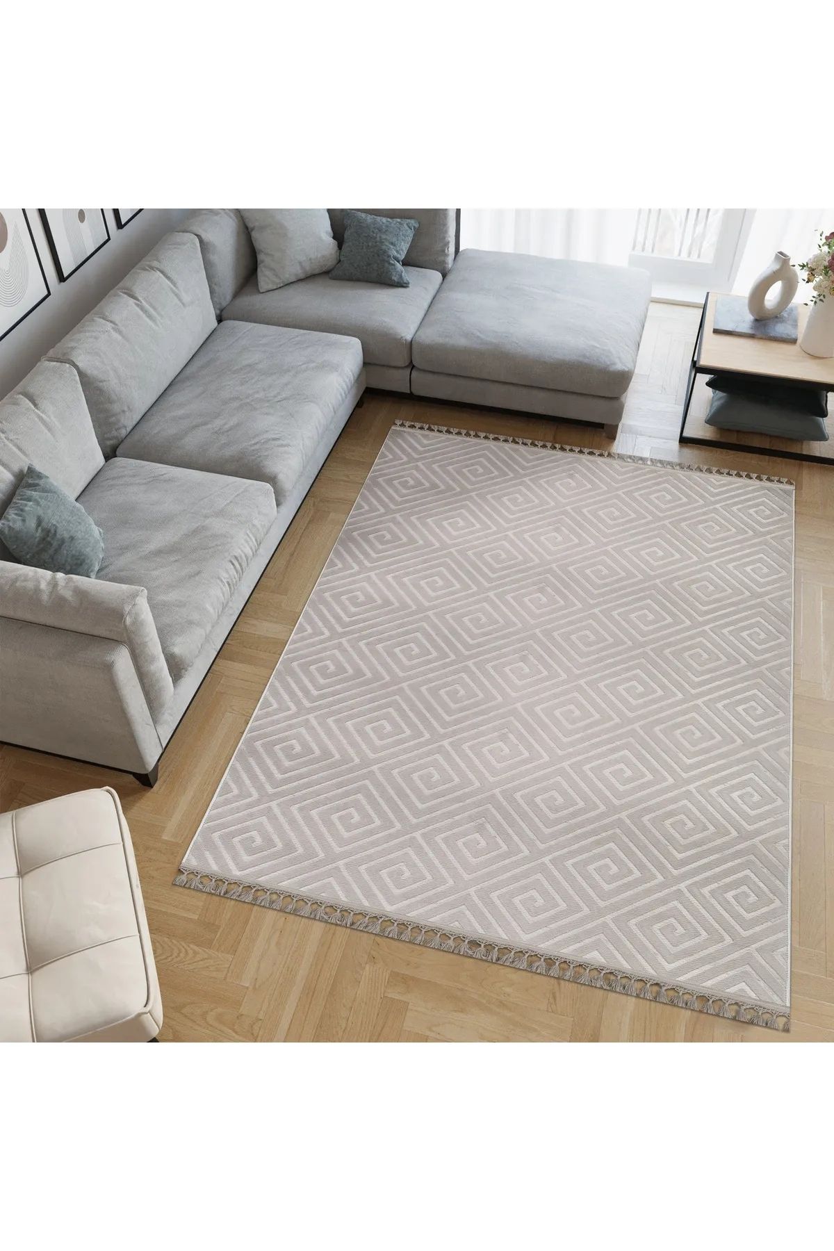 SerenitaHome Yıkanabilir Kaymaz Taban Modern Ve Şık Vizon Salon Oturma Odası Mutfak Koridor Halısı
