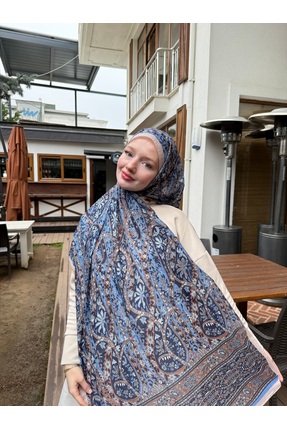 MODA Soft Pamuk Etnik Desen Şal Açık Mavi -Vizon