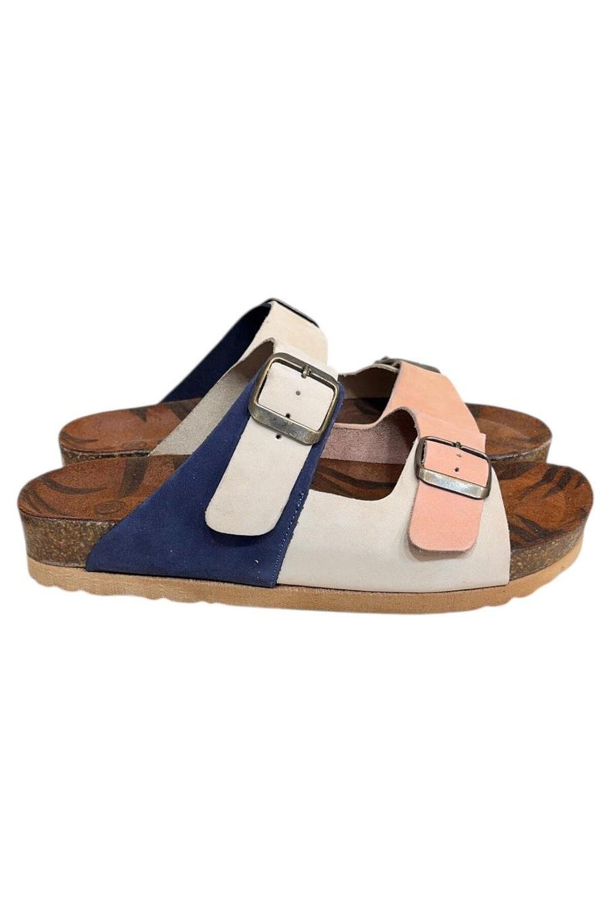 TUFAN SHOES Lacivert Multi Hakiki Deri Nubuk Çift Bant Tokalı Mantar Taban Terlik