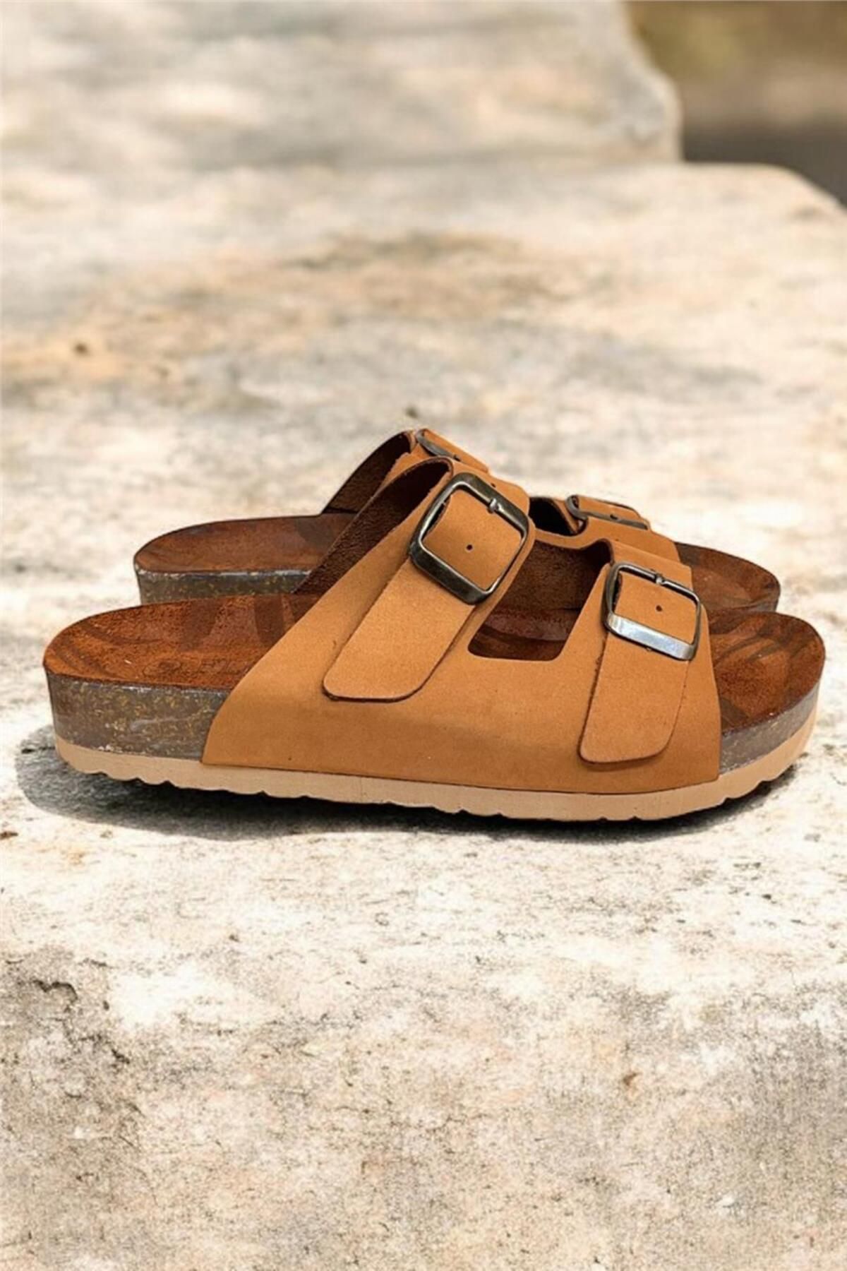 TUFAN SHOES Taba Hakiki Deri Nubuk Çift Bant Tokalı Mantar Taban Terlik