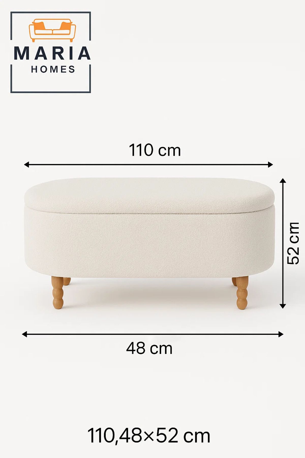 MARIA HOMES-Oval White Ottoman with Soft Upholstery and Turned Wooden Legs 6