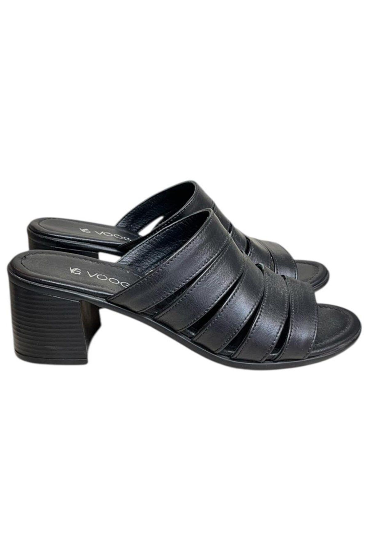 TUFAN SHOES Siyah Hakiki Deri Bant Detay Topuklu Comfort Taban Topuklu Terlik