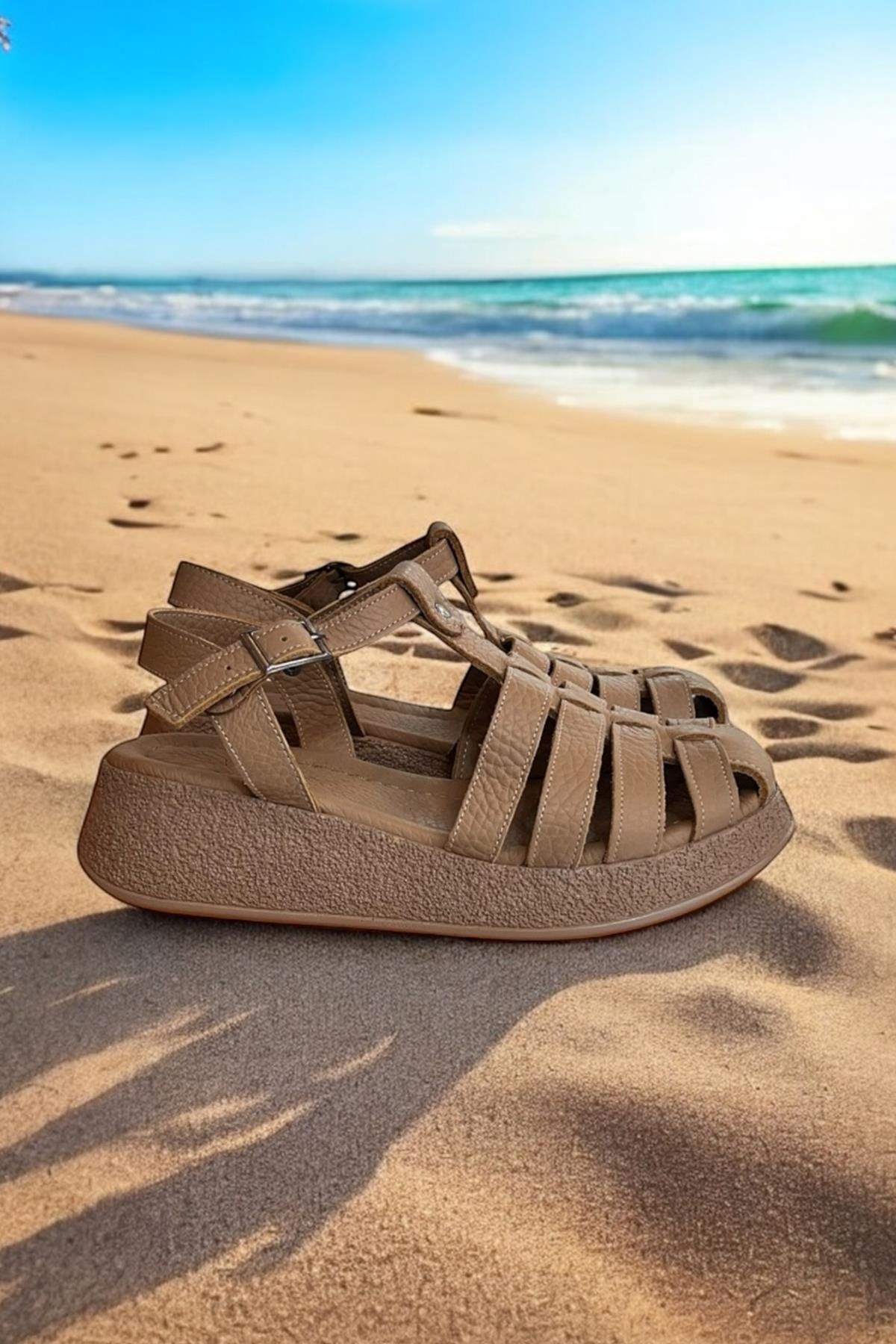 TUFAN SHOES Taş Hakiki Deri Bant Detaylı Bilekten Bağlı Comfort Taban Sandalet