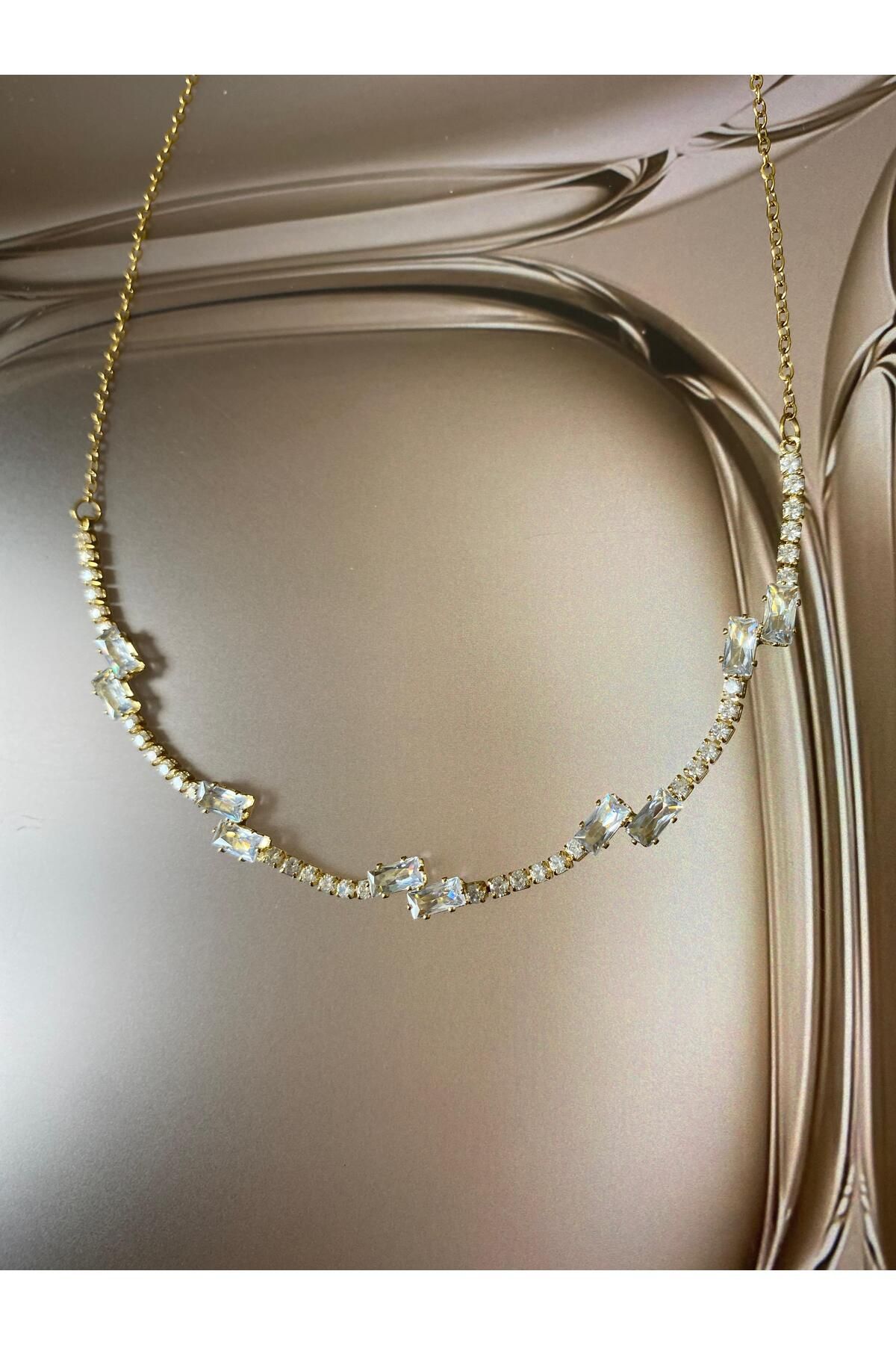 season jewelry Baget Zirkon Taşlı Çelik Kolye
