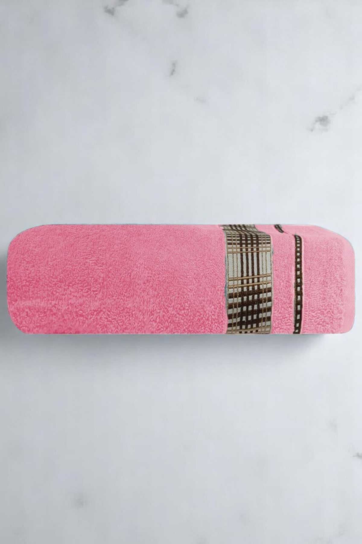 merland benvecocuk Ekose Desenli % 100 Pamuk Banyo Havlusu 70x140 Cm Pembe
