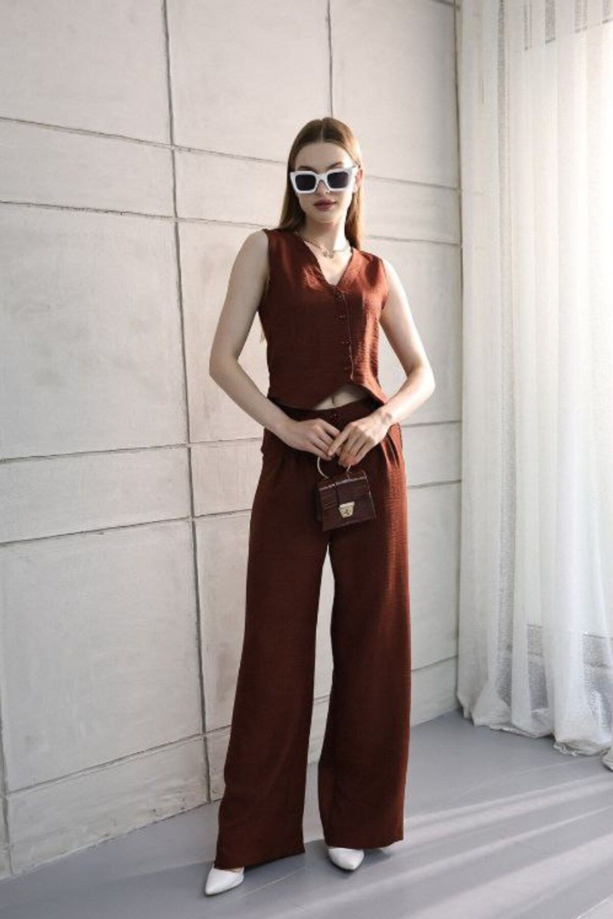 msm fashion Kadın Alt Üst Takım Keten Düğmeli Yelek Palazzo Pantolon Yazlık Takım