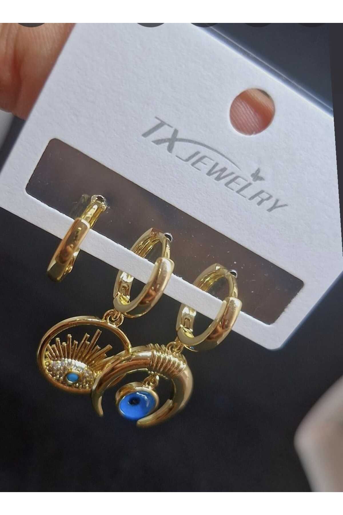 DerinSteelStyle 3’lü Mavi Göz Detaylı Gold Çelik Halka Küpe Seti