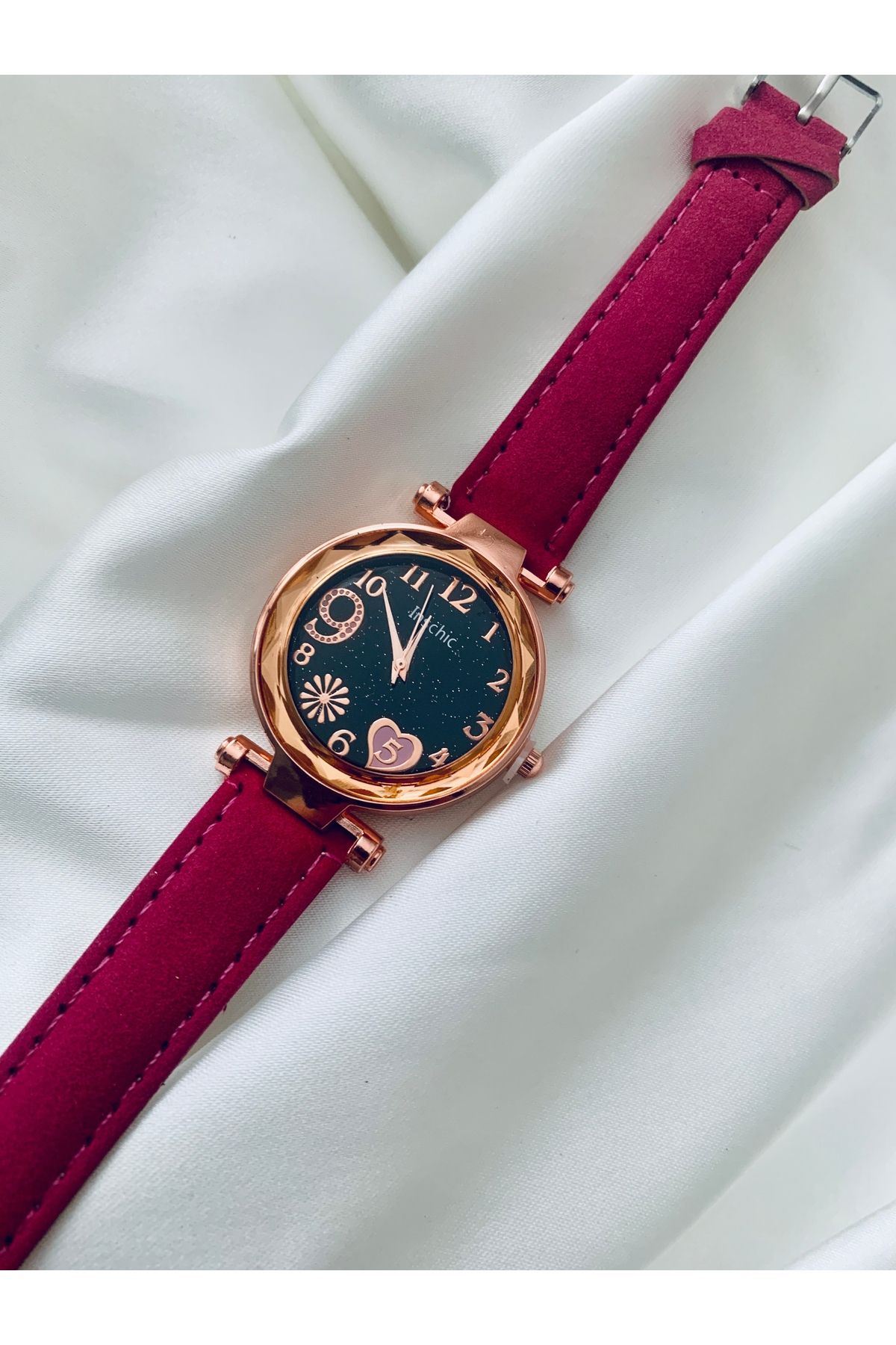 SMÖ AKSESUAR Inshic Kadın Kalp Detay Minimalist Saat Koyu Pembe