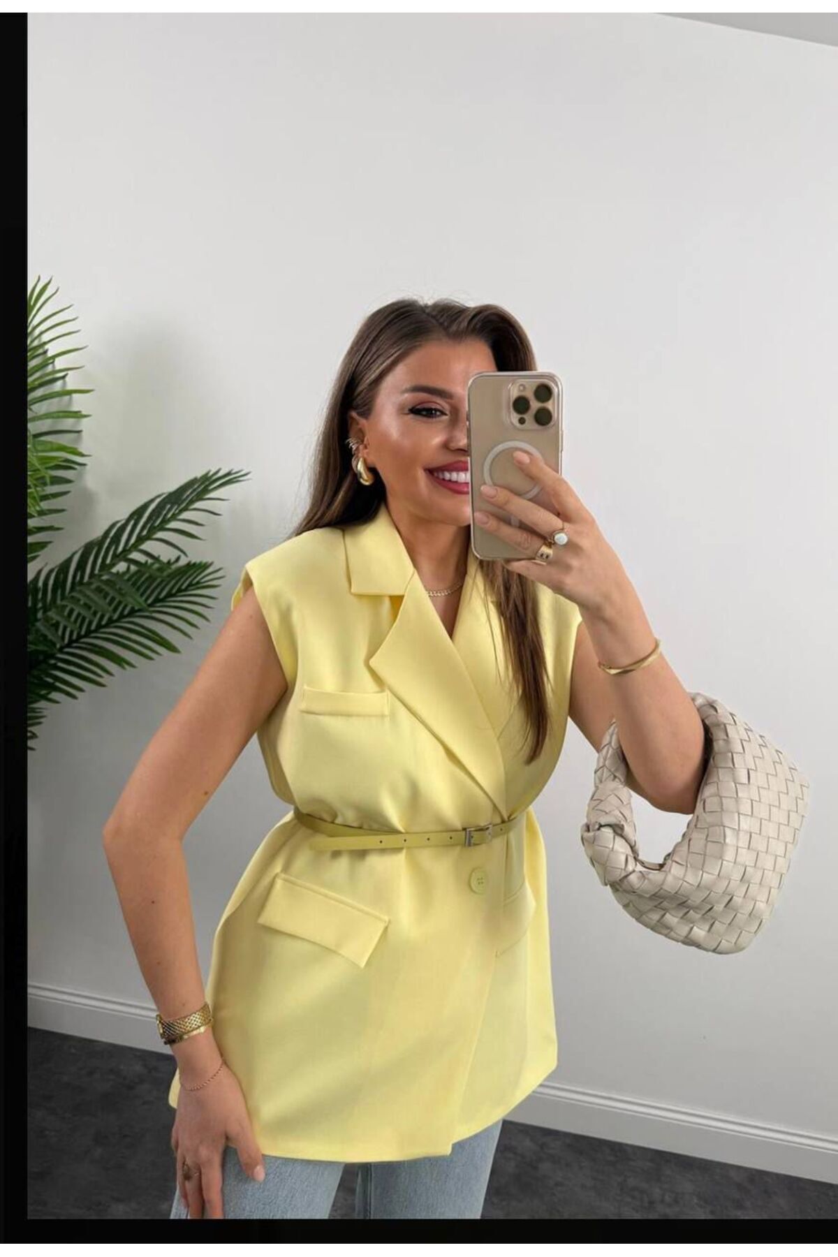 SARI VATKALI KEMERLİ YELEK