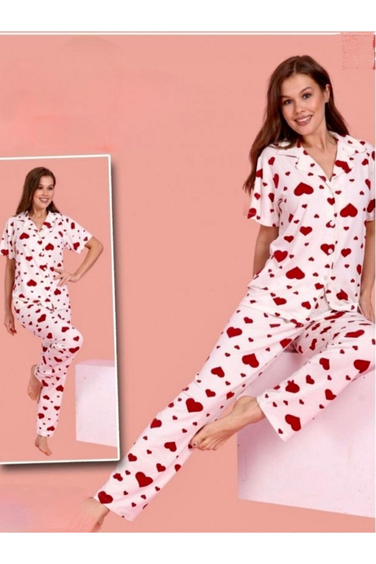 shiny date Önden Düğmeli Gömlek Yaka Kısa Kol Kalpli Pijama Takımı