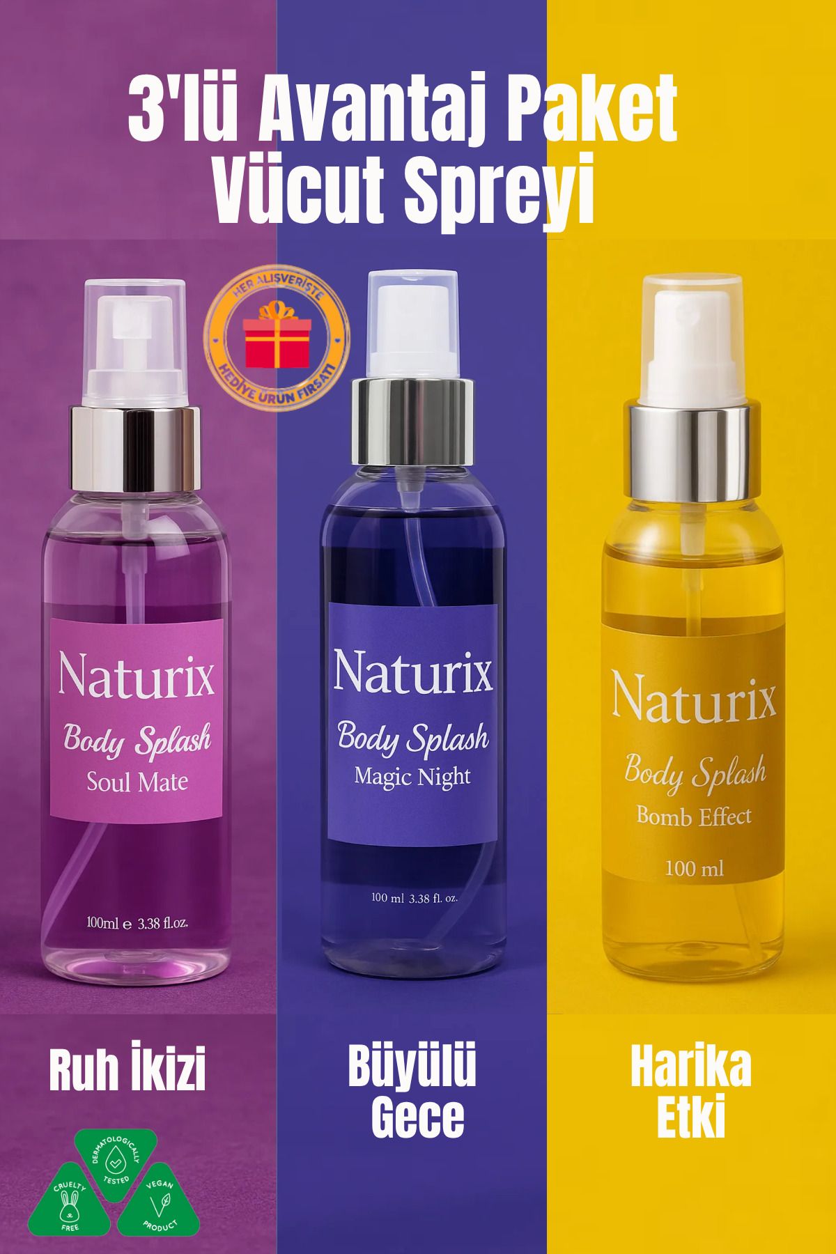 Naturix 3'lü Body Splash Seti | Soul Mate Angel - Magic Night Noir - Bomb Effect Bombshell | 100 ml