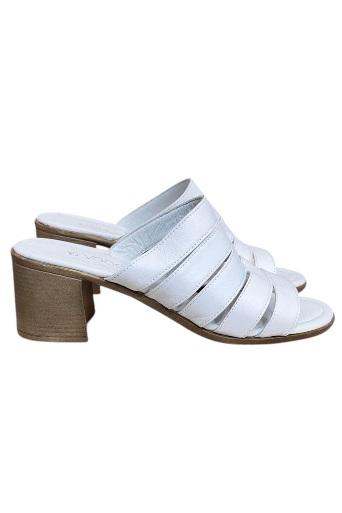 TUFAN SHOES Beyaz Hakiki Deri Bant Detay Topuklu Comfort Taban Topuklu Terlik