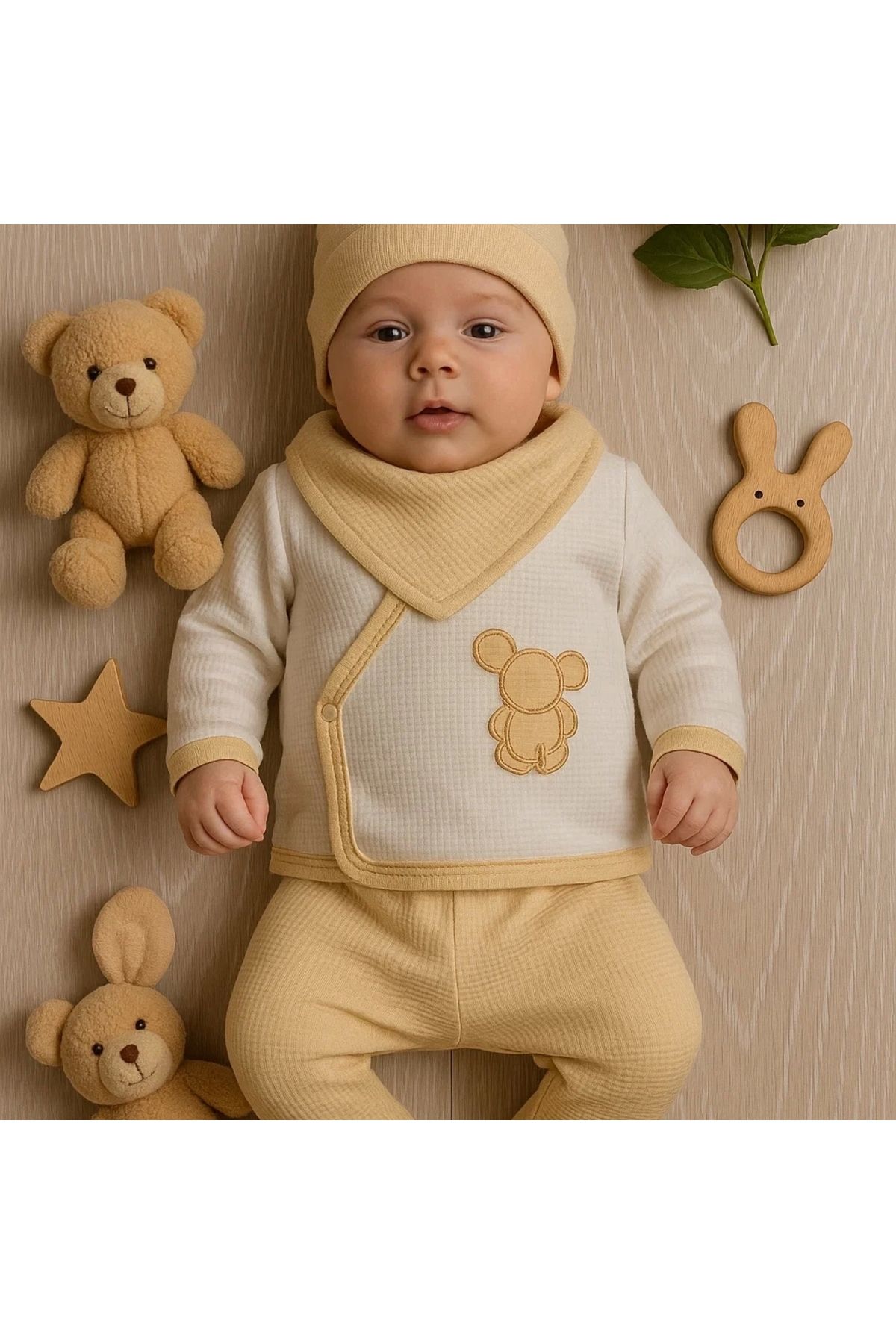 BYB MODA TASARIM Waffle Tavşanlı 5 Parça %100 Pamuk Erkek Bebek Hastane Çıkışı