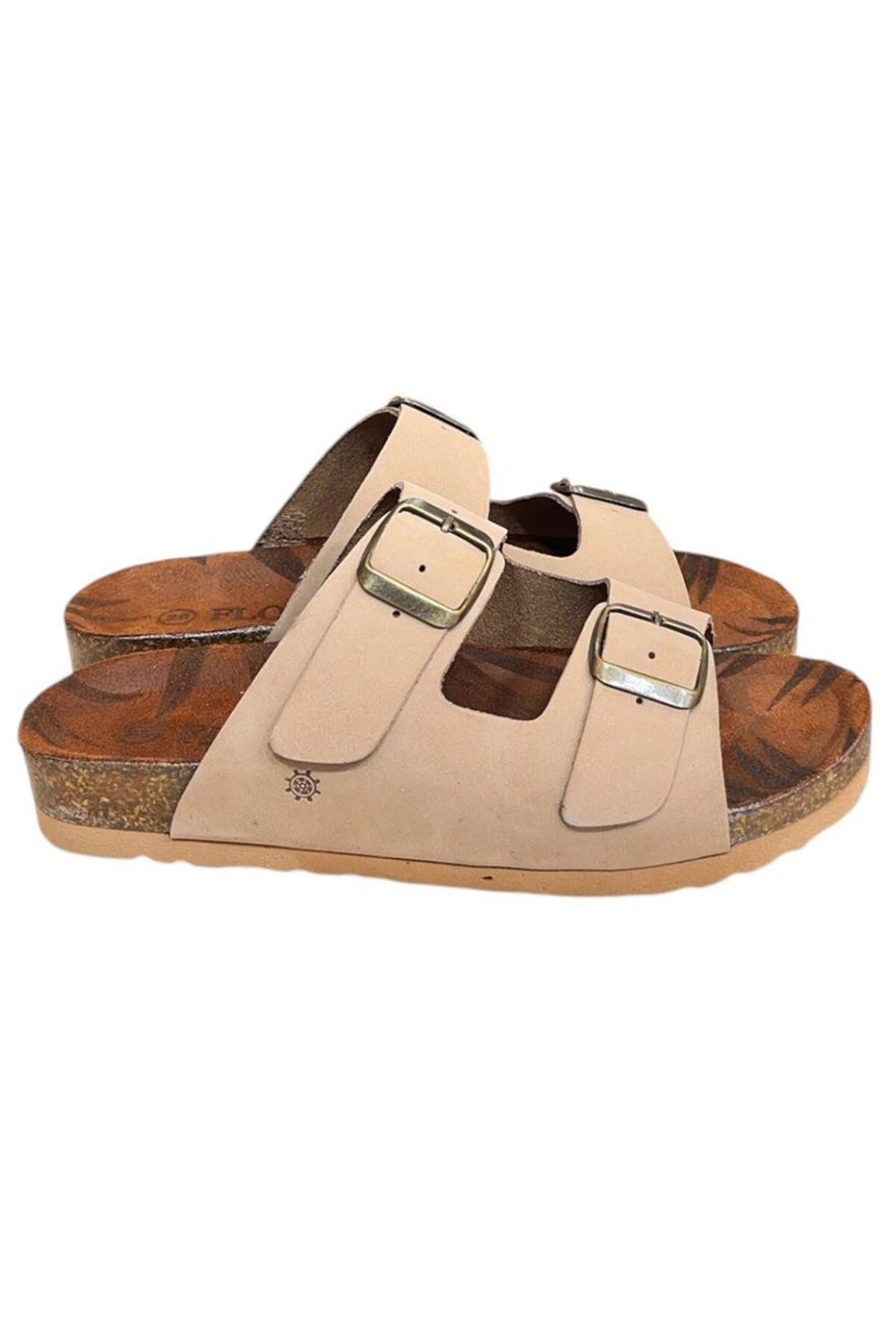 TUFAN SHOES Bej Hakiki Deri Nubuk Çift Bant Tokalı Mantar Taban Terlik
