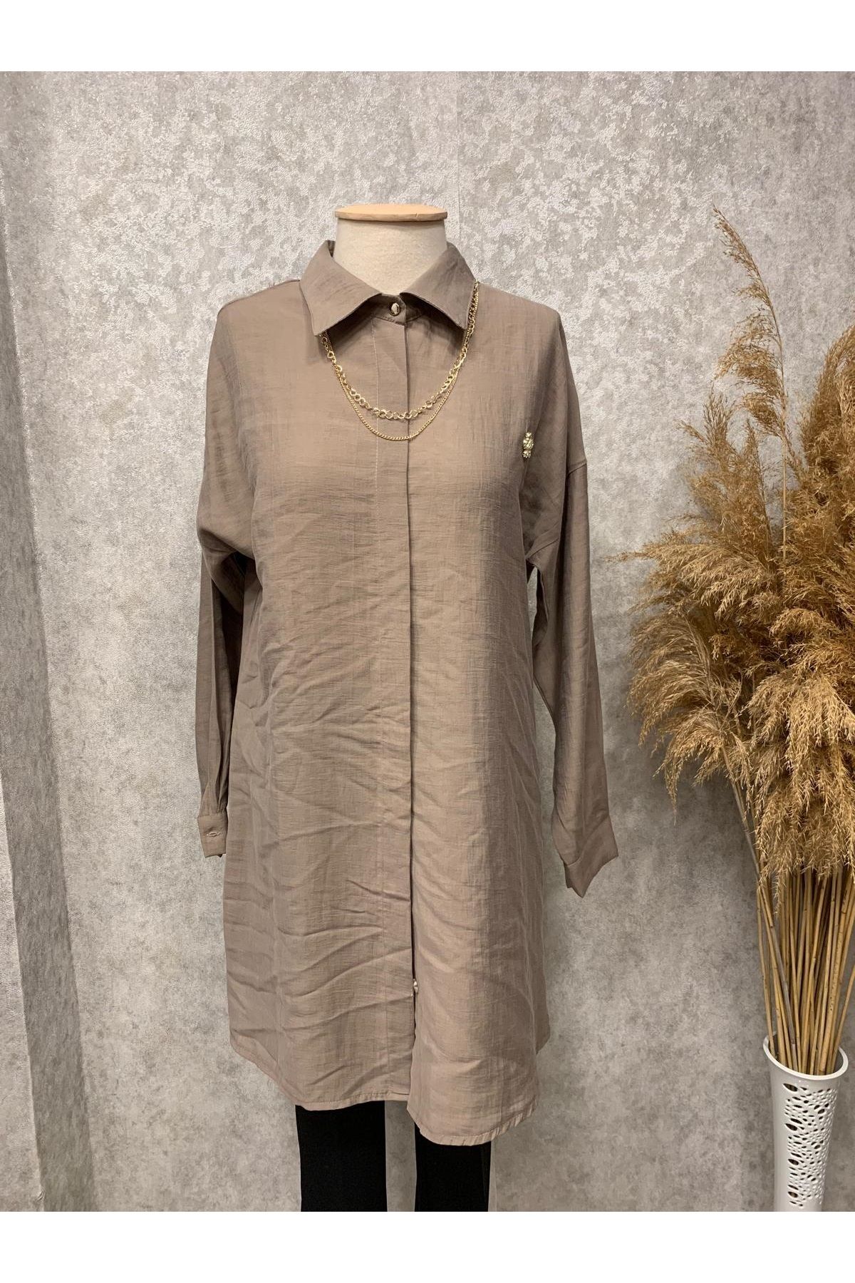 KADO 25y1224 Tunik Gömlek Yakası Broşlu Kolyeli Vizon