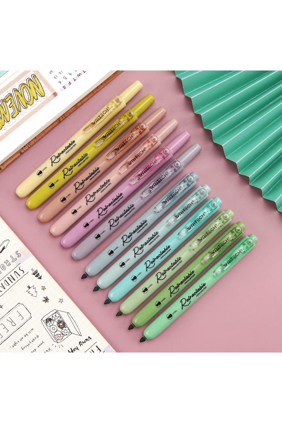 E&D ART Writech Retractable Highlighter 12'li Basmalı Fosforlu Kalem Seti / ED