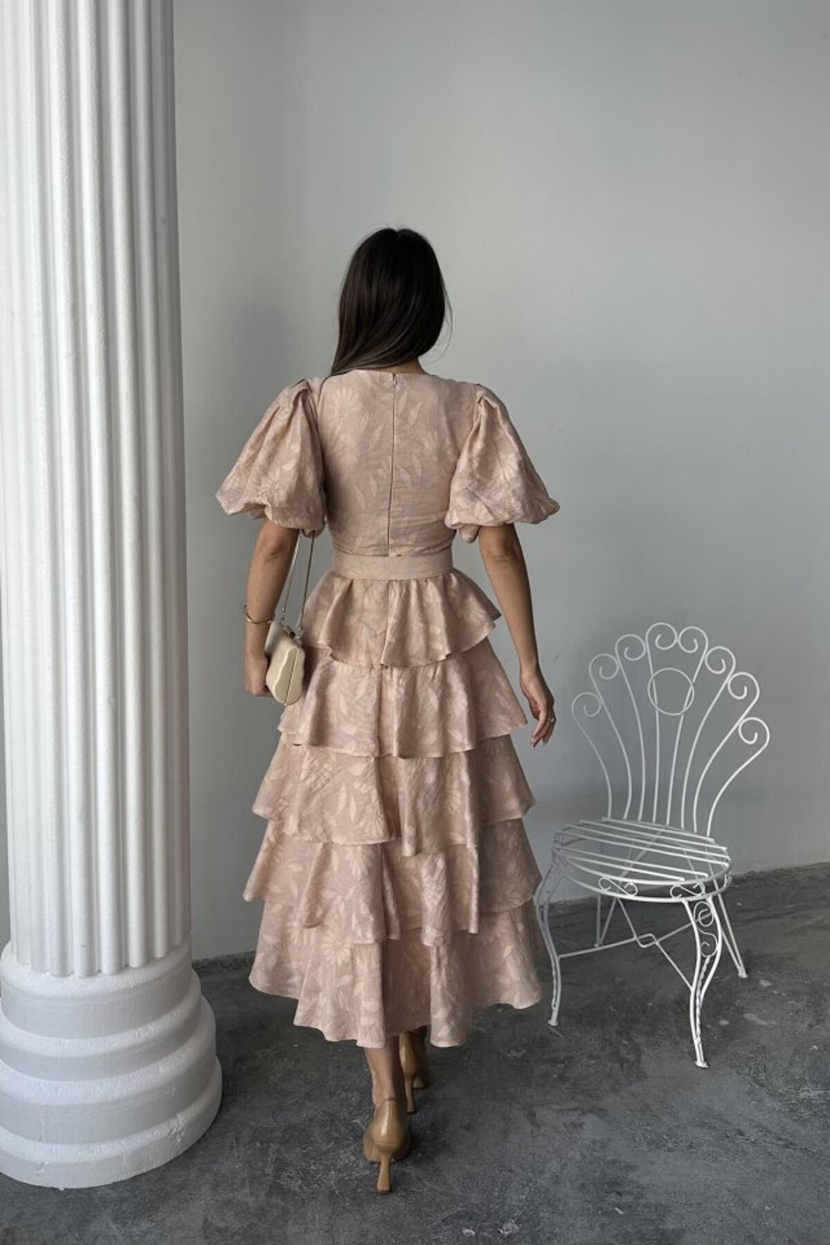 modaserdem-Beige Layered Balloon Sleeve Belted Dress 3