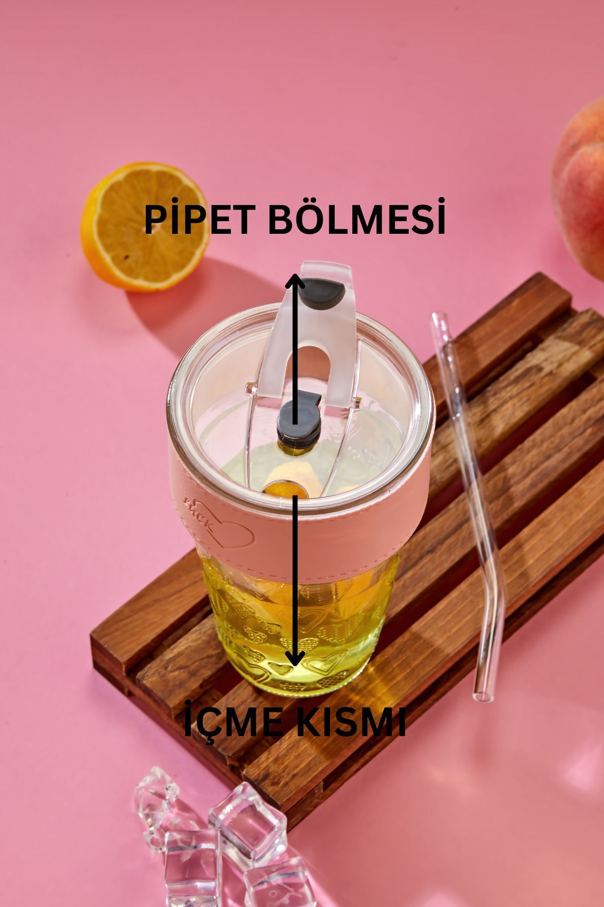NY HOME Cam Pipetli, Sızdırmaz Kapaklı -Pembe Şeritli Cam Bardak