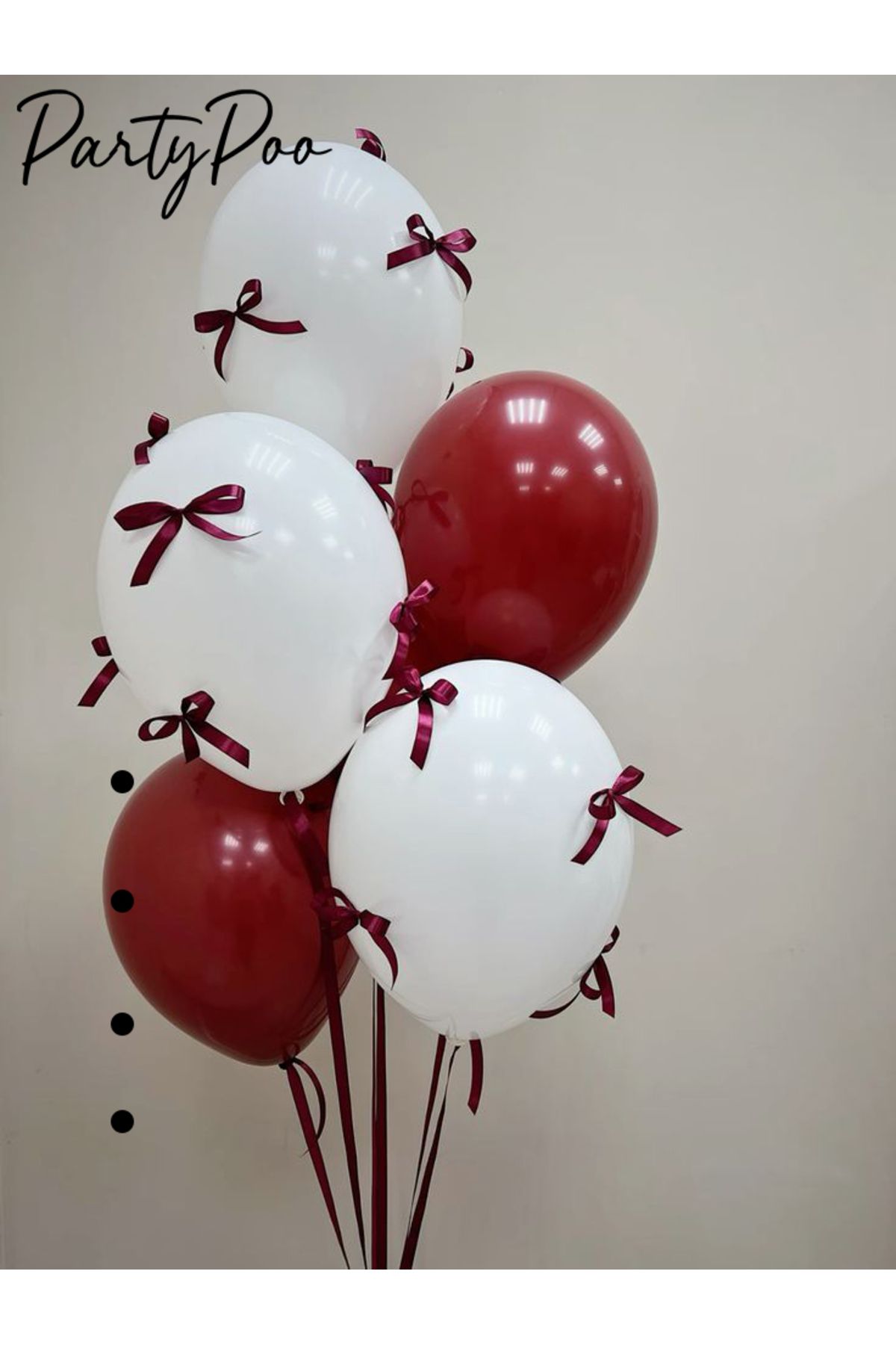 PartyPoo Bordo Fiyonk Kurdeleli, Kırmızı ve Beyaz Balon Seti 10'lu Doğum Günü Fiyonklu Balon, Kurdeleli Balon