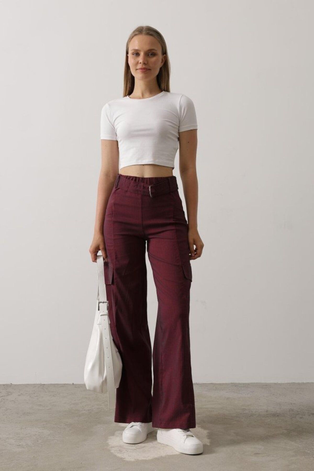 Meleners Kemerli Cargo Pantolon - Bordo