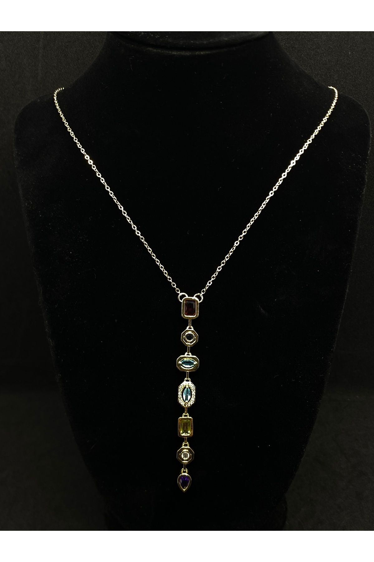 Jiji Jewelery Trend Moda Altın Renk Çok Renkli Taşlı Paslanmaz Çelik Y Kolye