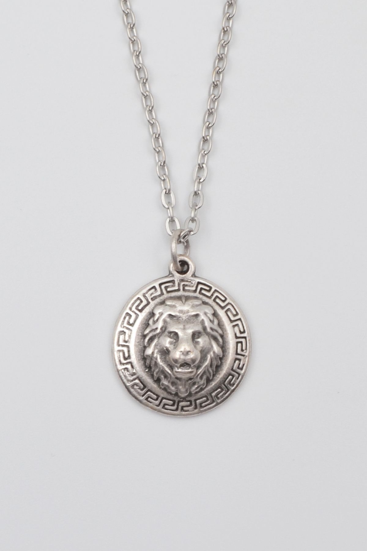 Bu Farklı Kabartmalı Aslan Madalyon Kolye - Düz Ezme İthal Zincirli Unisex Gümüş Kaplama - 60 cm