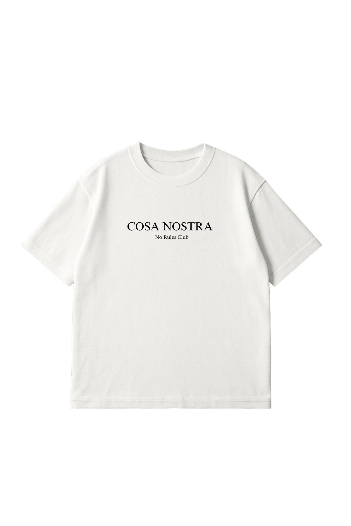 COSA NOSTRA Unisex Beyaz Oversize Tişört – No Rules Club Baskılı %100 Pamuk 24/1 Süprem Kumaş