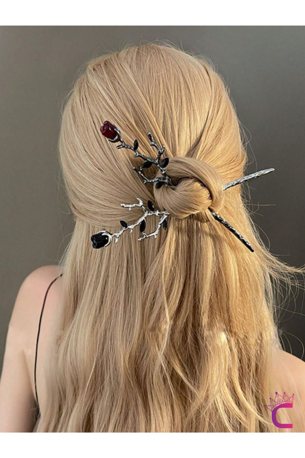 Cinderella 2'li Gothic Siyah Kırmızı Gül Metal Topuz Saç Tokası 17cm - Hediyelik Çin Japon Tarz Çubuk Toka
